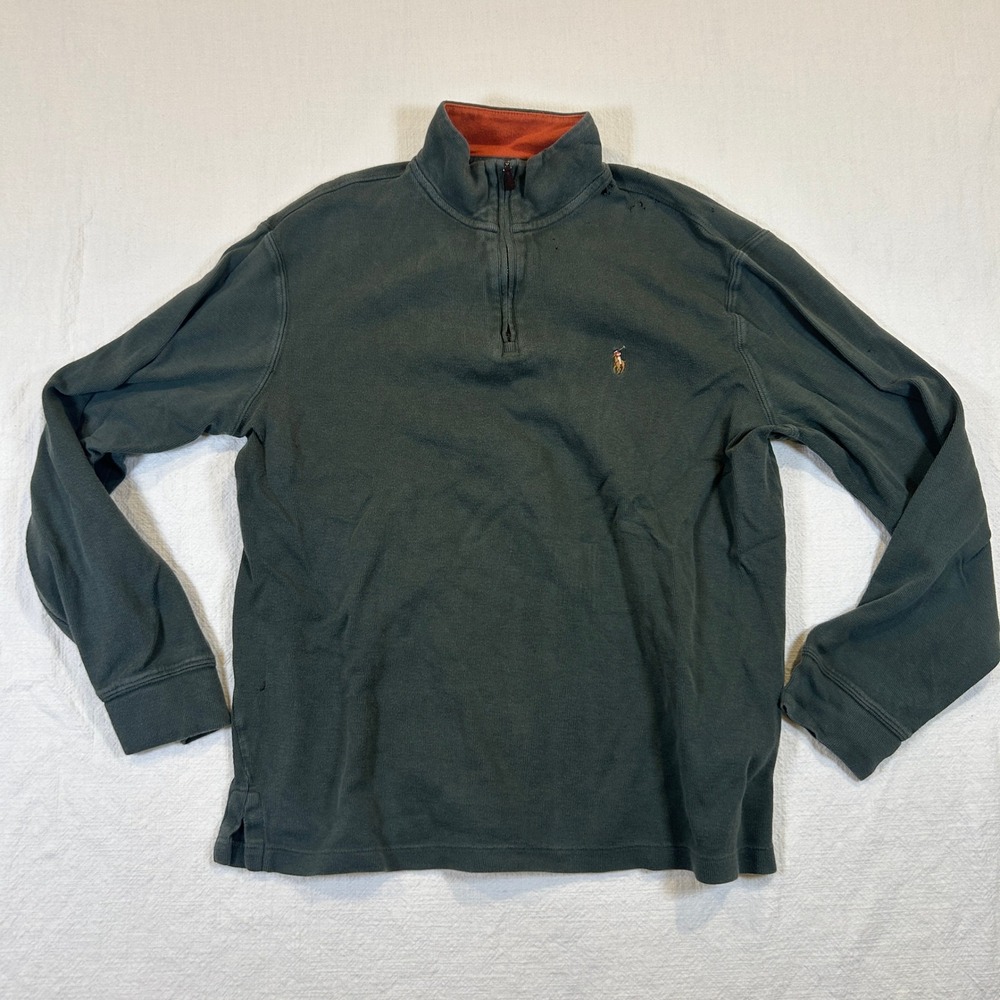 Polo Ralph Lauren Mens Estate Rib Quarter Zip Pullover Green Orange Size M